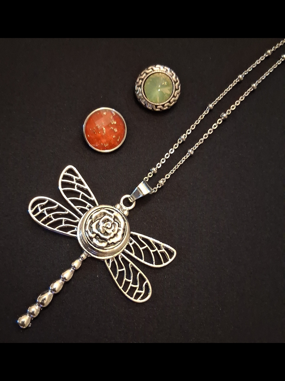 Silver Dragonfly Snap Button Pendant Necklace